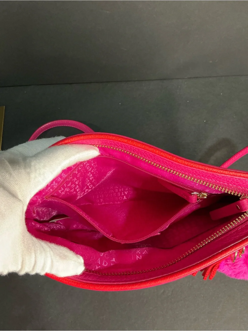 kate spade Hot Pink Pebbled Leather Crossbody with Pom Charm